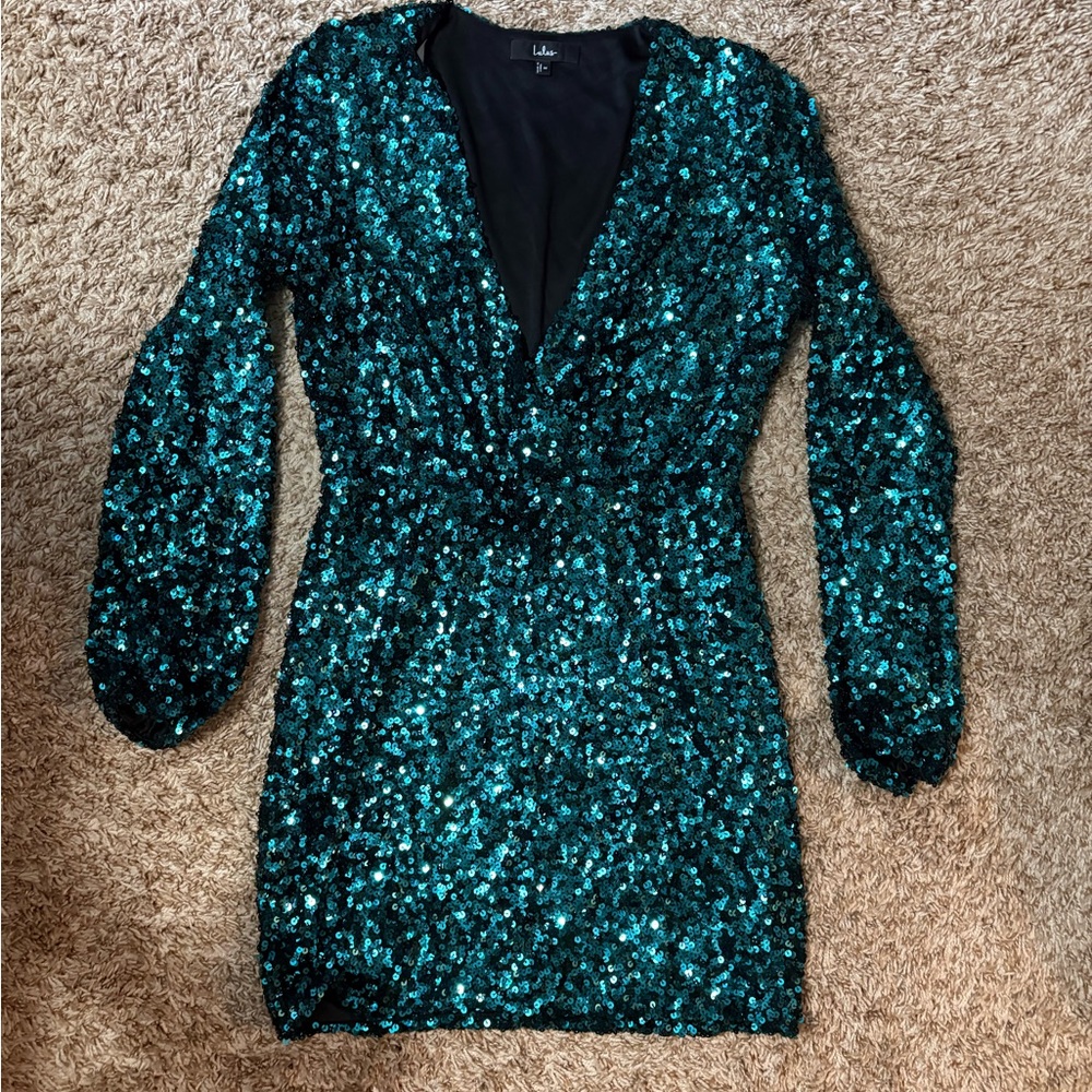 Lulu's Blue Sequin Bodycon Dress with Bishop Sleeves